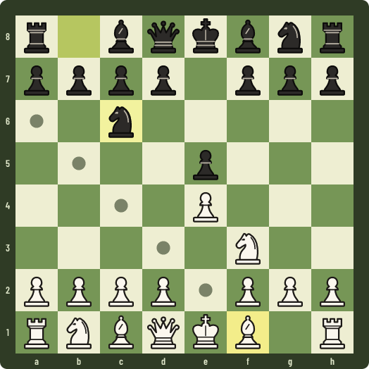 The bishop on f1 picked up, with every square it can reach marked
